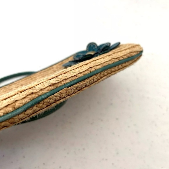 COACH Hampton Natural Straw Medium Wristlet Clutch Teal Flower Appliqué Patch - Picture 5 of 10